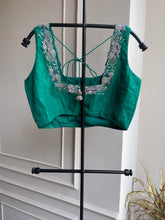 Dark Green Square neck blouse with Silver Embroidery